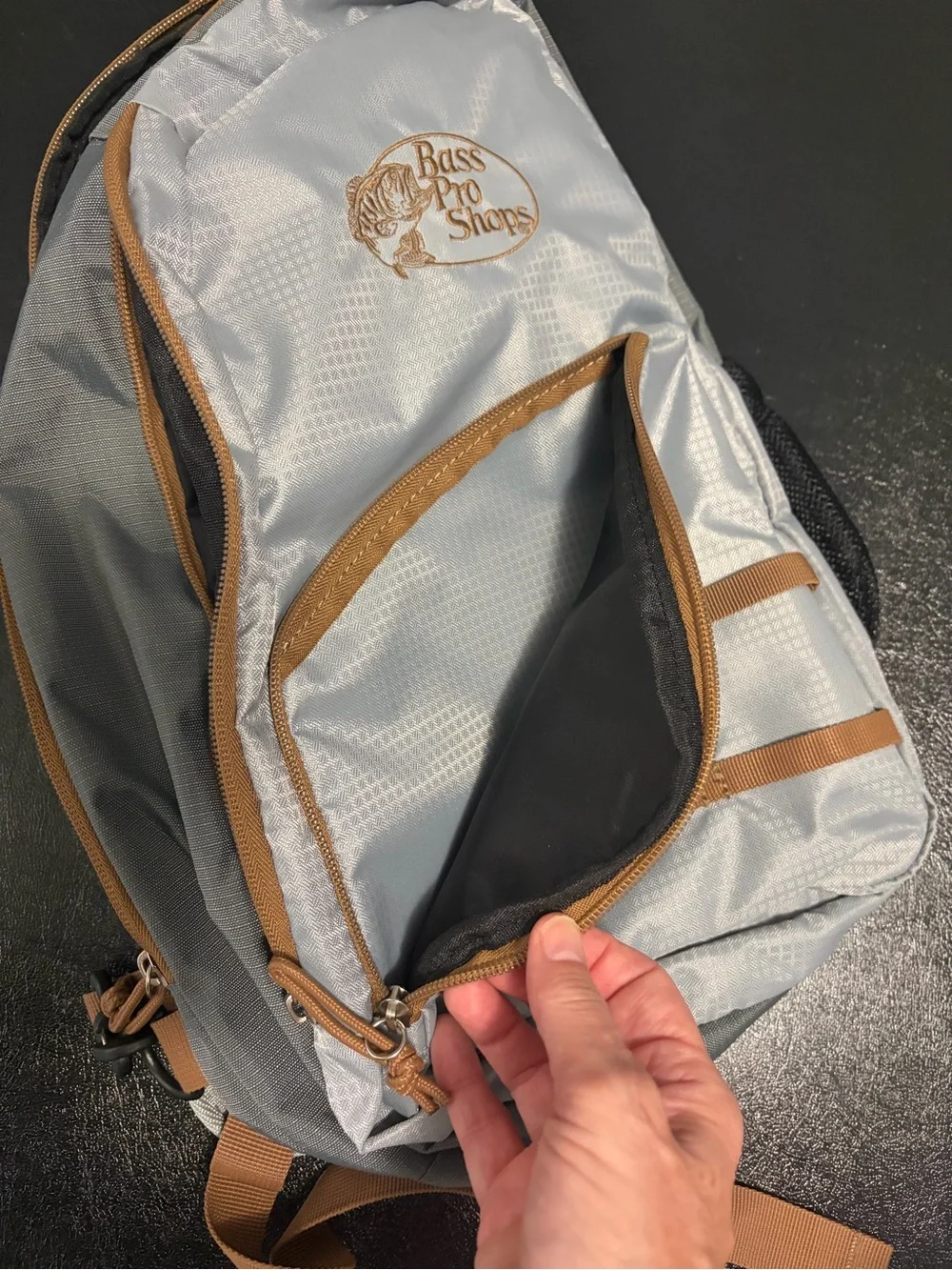 Bass Pro Shops Gray Sling Backpack with Tan Accents